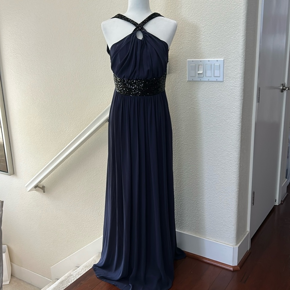 Kevin Klain HALTER PLEATED CROSS NECK NAVY GOWN DRESS sz 8